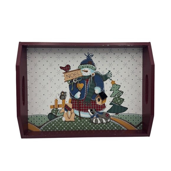 Wooden Serving Tray With Rustic Country Noel Snowman Scene - Picture 1 of 7